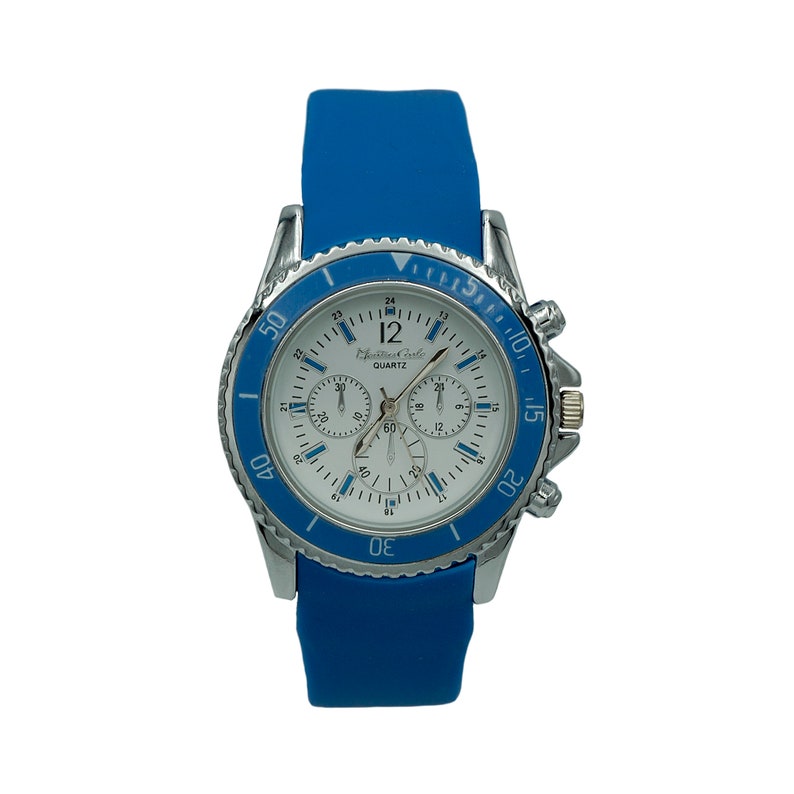 Montres Carlo Mens Chronograph Style White Dial Blue Rubber Strap Watch image 1