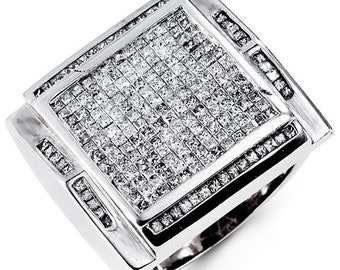 Mens Solid 14k White Gold 3.15 Ct Princess Diamond Ring