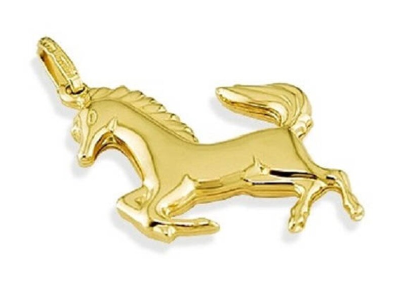 14k Yellow Gold Puffy Small Wild Prancing Horse Stallion Pendant F1 racing image 2