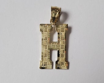 14K Gold Block Initial Diamond Cut Letter H Charm Pendant