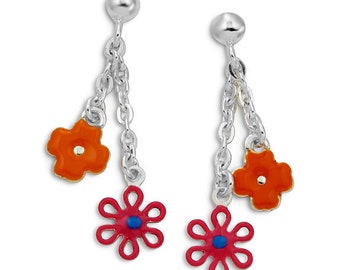 Silver Flower Earrings, Floral Orange and Pink, .925 Sterling Silver Dangle Earrings