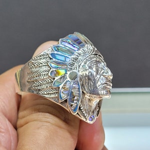 925 Silver Abalone Native American Indian Chief Ring image 4