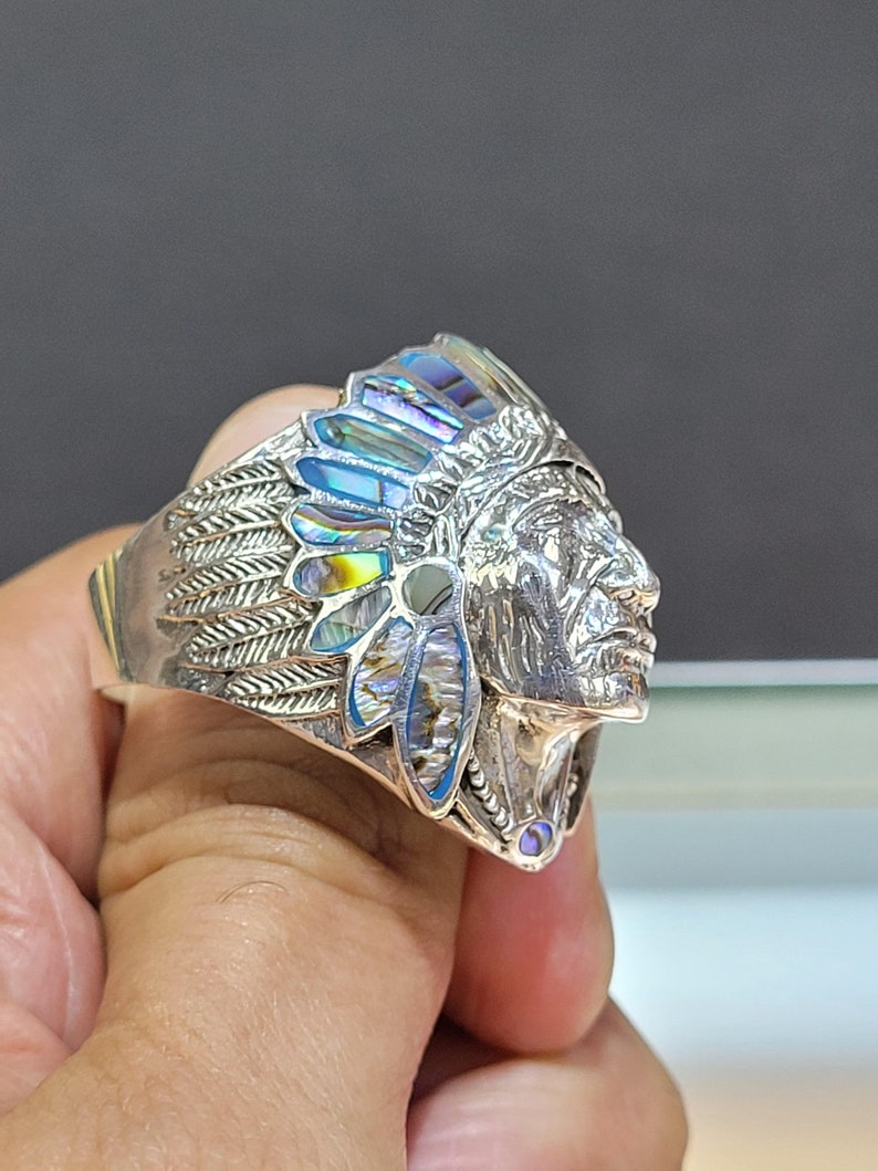 925 Silver Abalone Native American Indian Chief Ring image 4