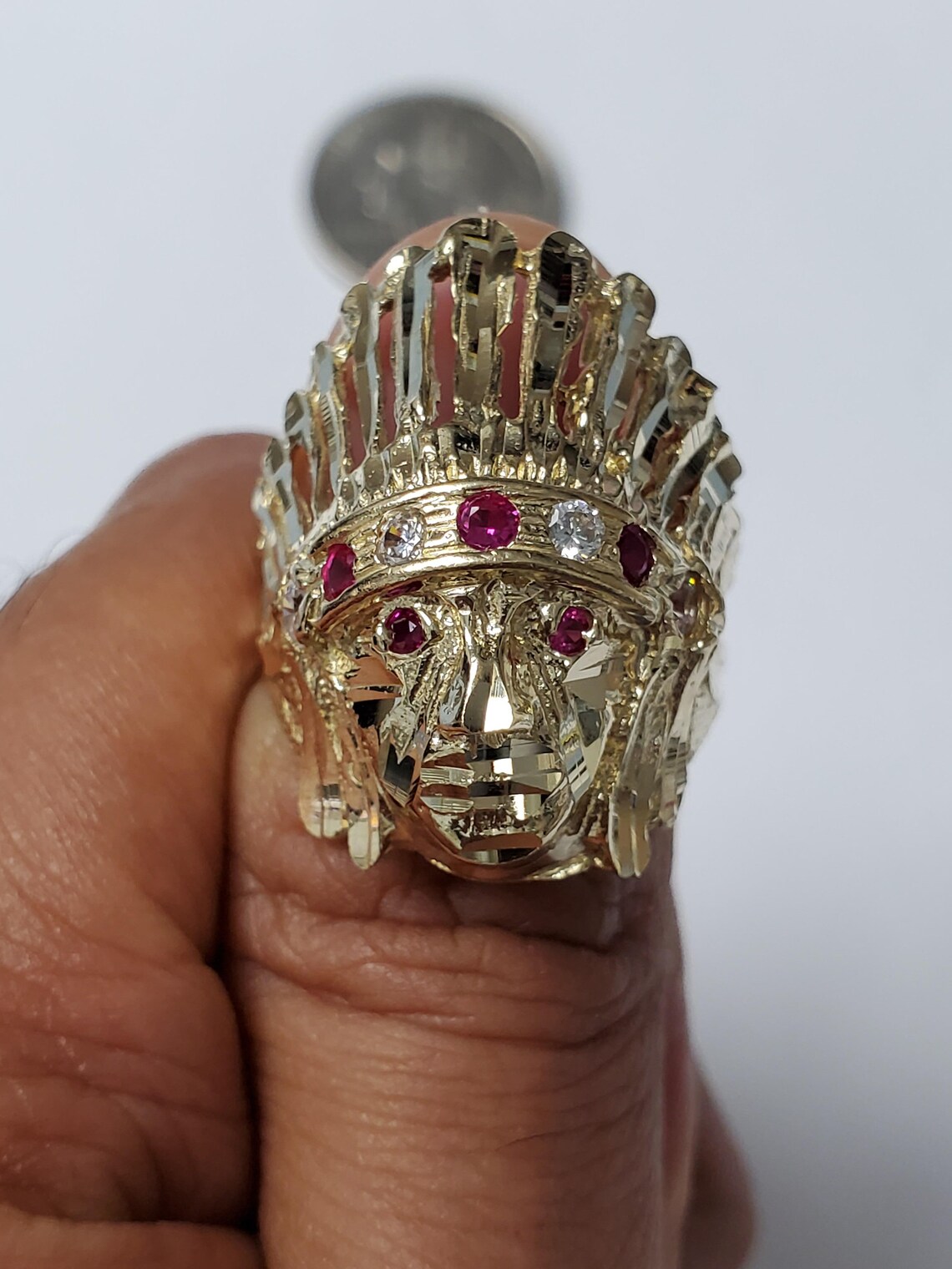 14k Gold Indian Chief Head Ring with White & Red CZ Stones Etsy