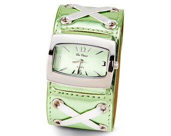 Ladies Green Leather Strap Silver Tone Wristwatch