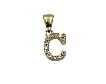14K Yellow Gold Initial Letter C White Diamond CZ Stone Pendant