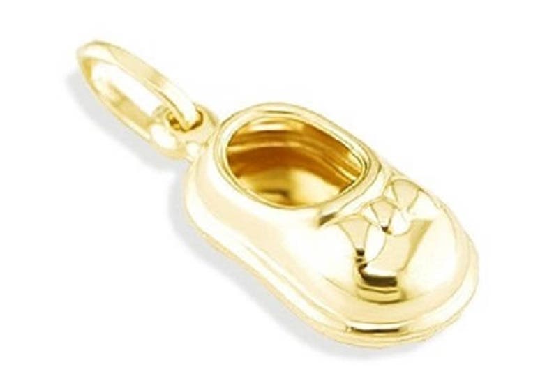 14k Yellow Gold Italian Baby Shoe Bow Puffy Pendant image 1