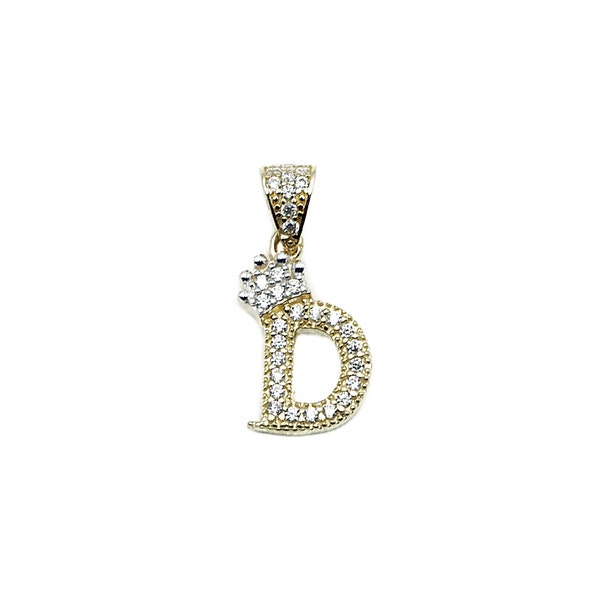 14K Yellow Gold Crown Initial Letter D White CZ Stone Pendant