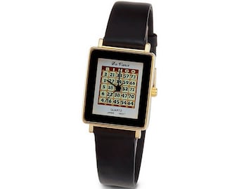 Ladies New Gold Tone Bingo Card Style Black Band Watch