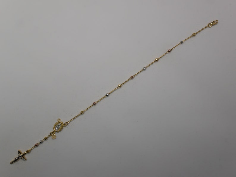 14k Gold Crucifix Rosary Bead Bracelet Christ Dangle Bracelet Tricolor Gold Rosary Bracelet
