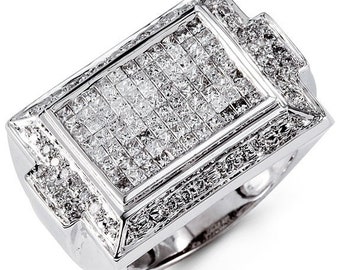 Mens 14k White Gold 2.40 Ct Princess Round Diamond Ring