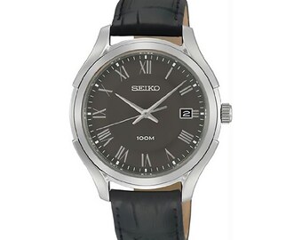 SEIKO Edelstahl Hülle Grau Ziffernblatt Schwarz Lederband Datum Display