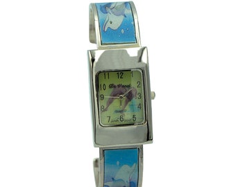 Ladies Blue Holographic Double Dolphin Bangle Bracelet Watch