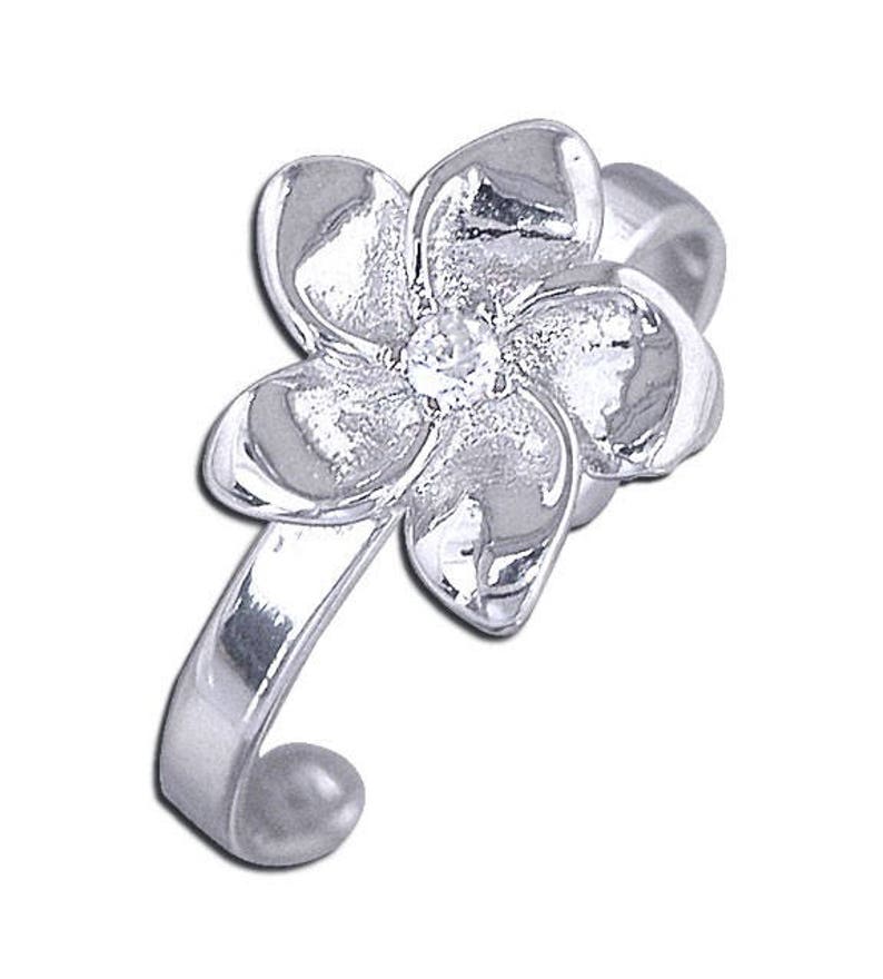 925 Sterling Silver White CZ Diamond Hawaiian Flower Toe Ring image 1