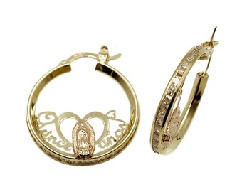 14k Oro Dos Tonos Guadalupe Virgen y Quince A os Aretes Hoop