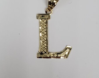 14K Gold Diamond Cut Block Initial Letter L Charm Pendant