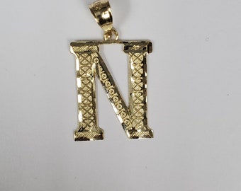 14K Gold Diamond Cut Block Initial Letter N Charm Pendant