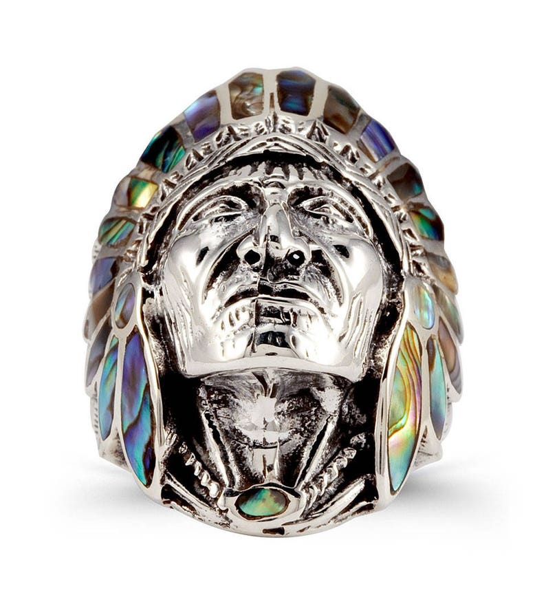 925 Silver Abalone Native American Indian Chief Ring image 3