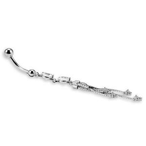 14k White Gold Round CZ Dangle Chain Belly Button Ring image 2