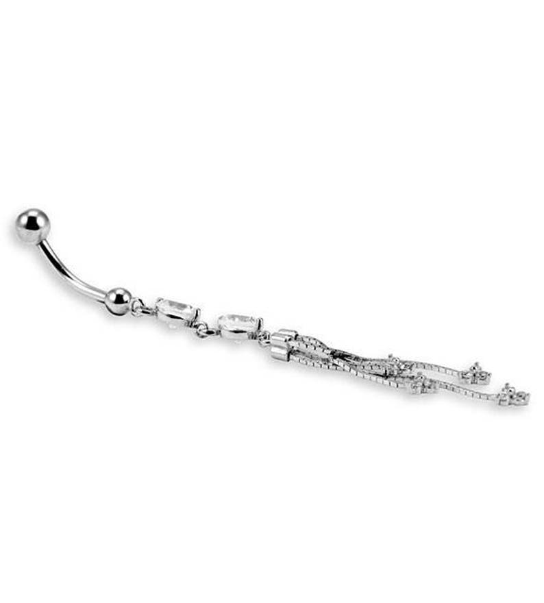 14k White Gold Round CZ Dangle Chain Belly Button Ring image 2