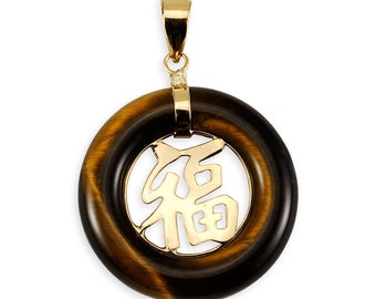 14k Yellow Gold Tiger Eye Chinese Good Luck Pendant