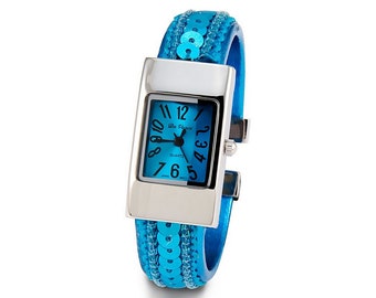 Ladies Turquoise Dial Sequin Silver Tone Bracelet Watch