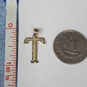 14K Gold Diamond Cut Block Initial Letter T Charm Pendant image 2