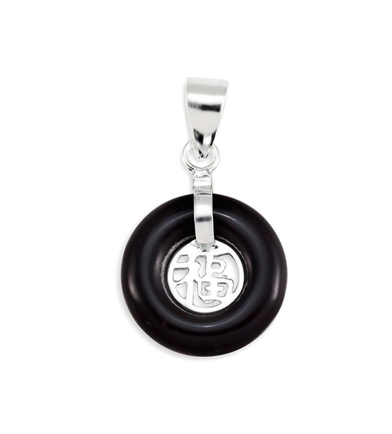 ONYX ROUND EARRING HOOP STERLING SILVER GOOD LUCK STYLE CHINESE ONYX LUCK