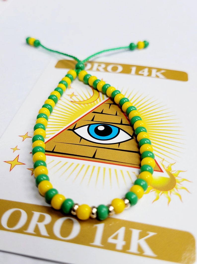 Yellow & Green Evil Eye Bracelet for Adults with Gold 14K Beads image 1