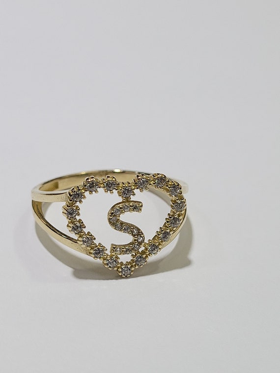 14k Yellow Gold Letter S Initial Heart Ladies Ring With White CZ Stones -  Etsy Norway