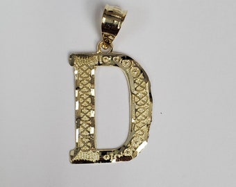 14K Gold Diamond Cut Block Initial Letter D Charm Pendant