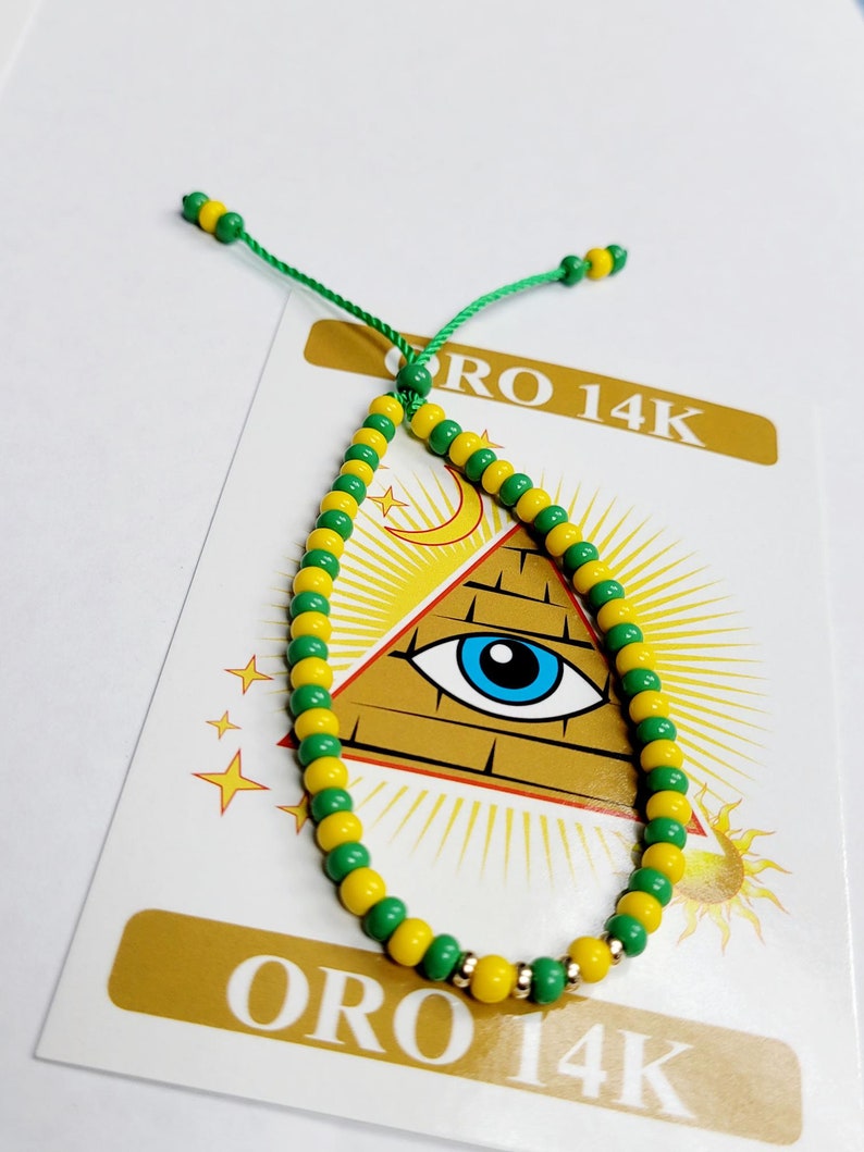 Yellow & Green Evil Eye Bracelet for Adults with Gold 14K Beads image 2