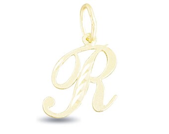 14K Gold Cursive Script Initial Letter R Charm Pendant