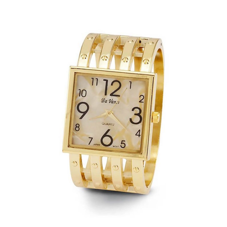 New Womens Square Gold Tone Mother of Pearl Dial Link Bangle Watch image 1