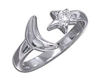 925 Sterling Silver White Clear Diamond CZ Stone Moon Star Toe Ring