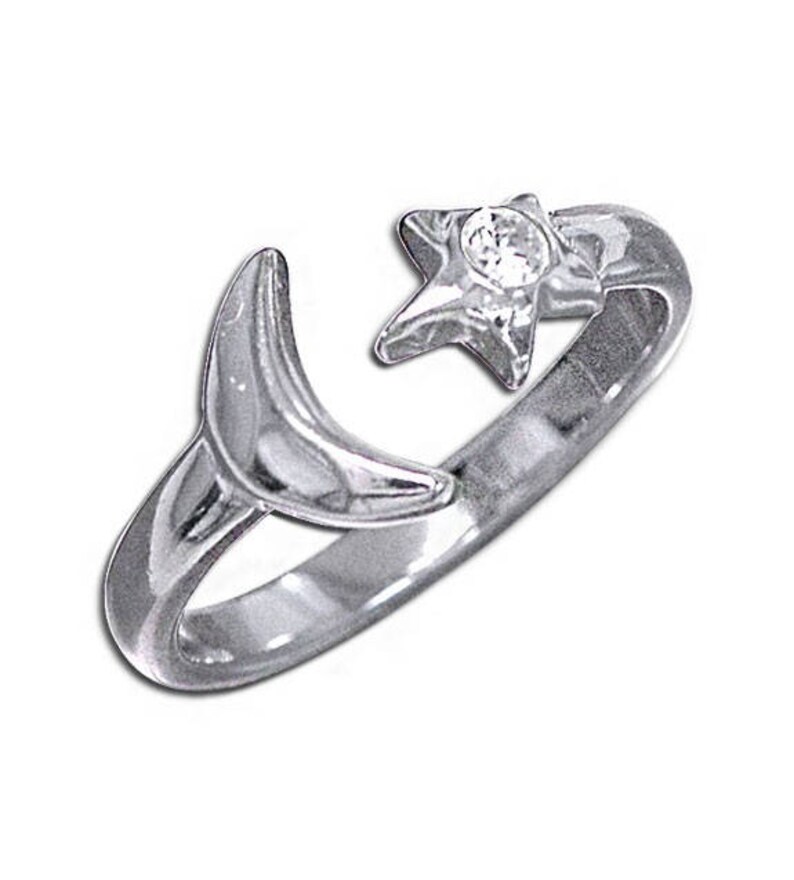 925 Sterling Silver White Clear Diamond CZ Stone Moon Star Toe Ring image 1