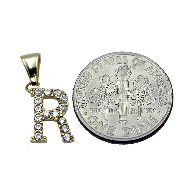 14K Yellow Gold Initial Letter R White Diamond CZ Stone Pendant image 2