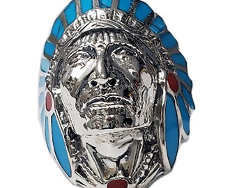 Turquoise & Red Enamel 925 Silver Native American Indian Chief Head Ring