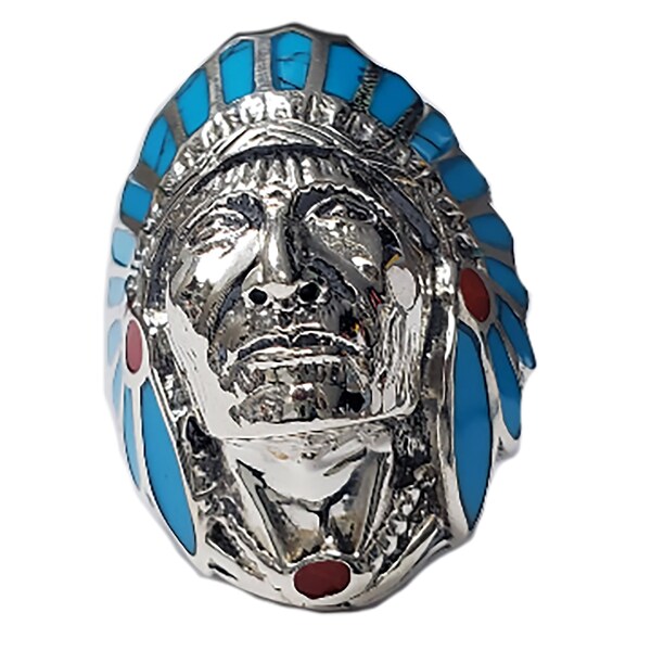 Turquoise & Red Enamel 925 Silver Native American Indian Chief Head Ring