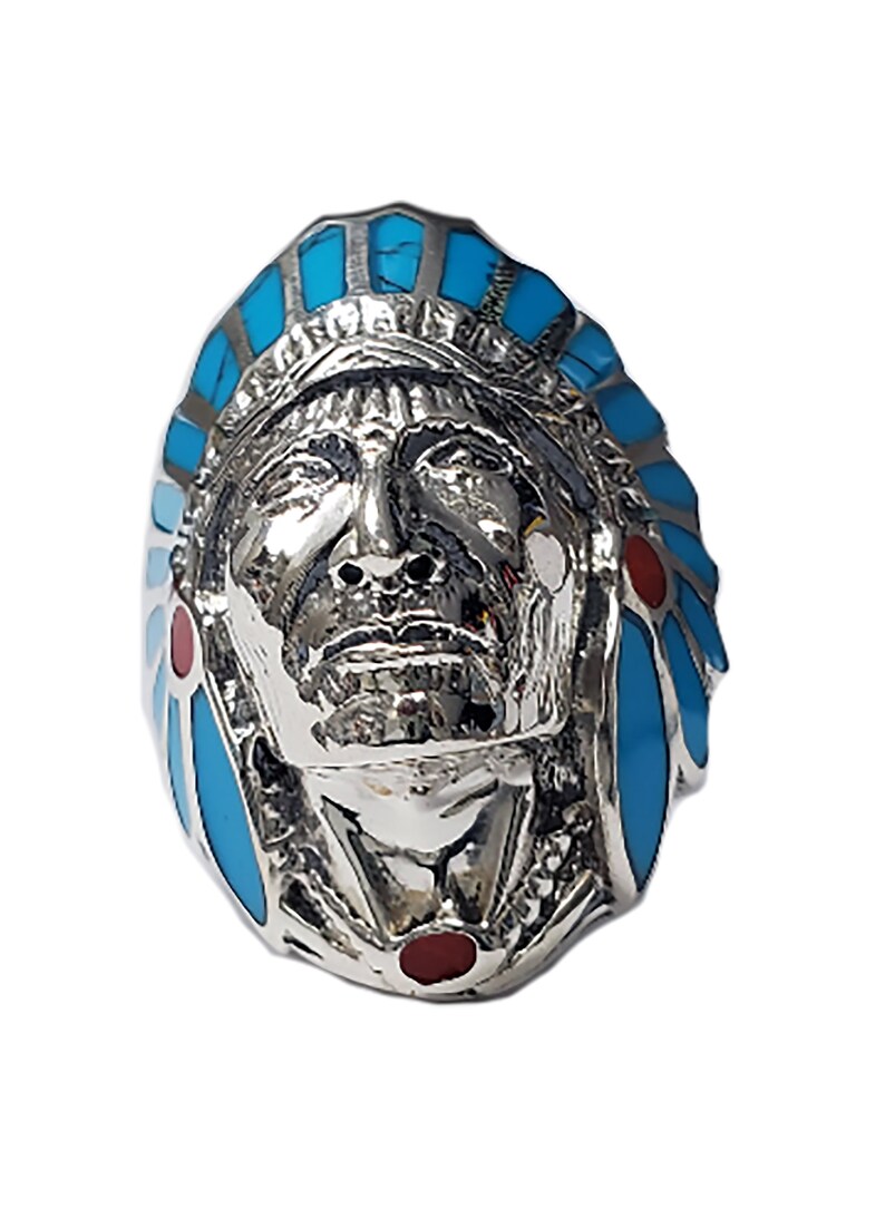 Turquoise & Red Enamel 925 Silver Native American Indian Chief Head Ring image 1
