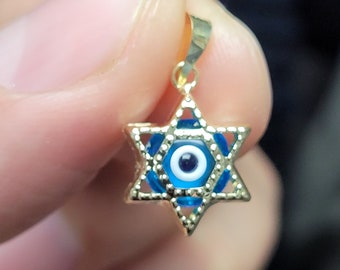 14k Yellow Gold Light Blue Evil Eye Star of David Lucky Charm Pendant