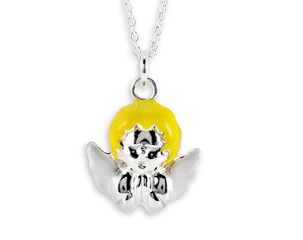 Yellow Silver Praying Angel Pendant Necklace, 0.925 Sterling Silver Angel Necklace