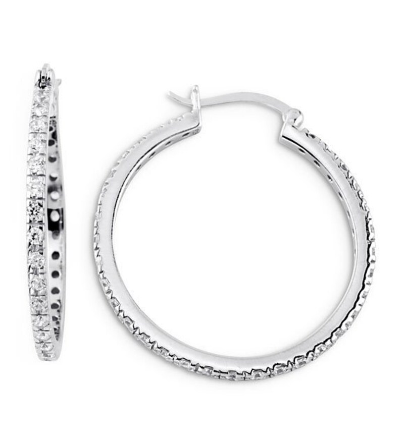 925 Sterling Silver Large Thin Round CZ Hoop Earrings image 1