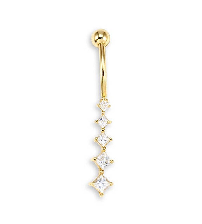 14k Yellow Gold Round CZ Dangle Belly Button Ring image 1