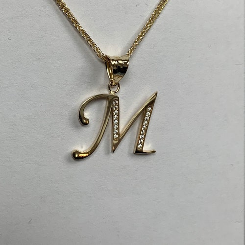 14K Yellow Gold Initial Letter M White CZ Stone Pendant - Etsy