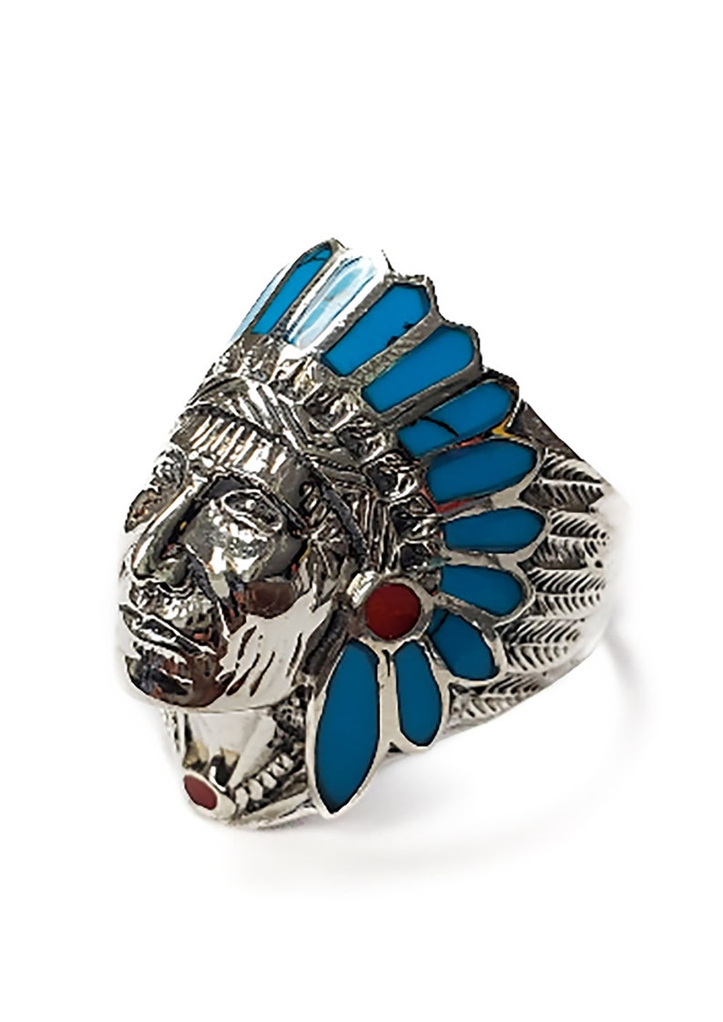 Turquoise & Red Enamel 925 Silver Native American Indian Chief Head Ring image 3