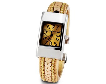 Ladies Gold Sequin Silver Tone Bracelet Quartz Watch