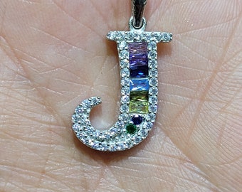 925 Sterling Silver Alphabet Letter J Multicolor and White CZ initial Charm Pendant