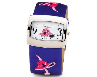 Womens Pink Hat Blue Silver Tone Quartz Wristwatch