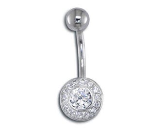 925 Sterling Silver Round Circle CZ 14g Belly Button Ring